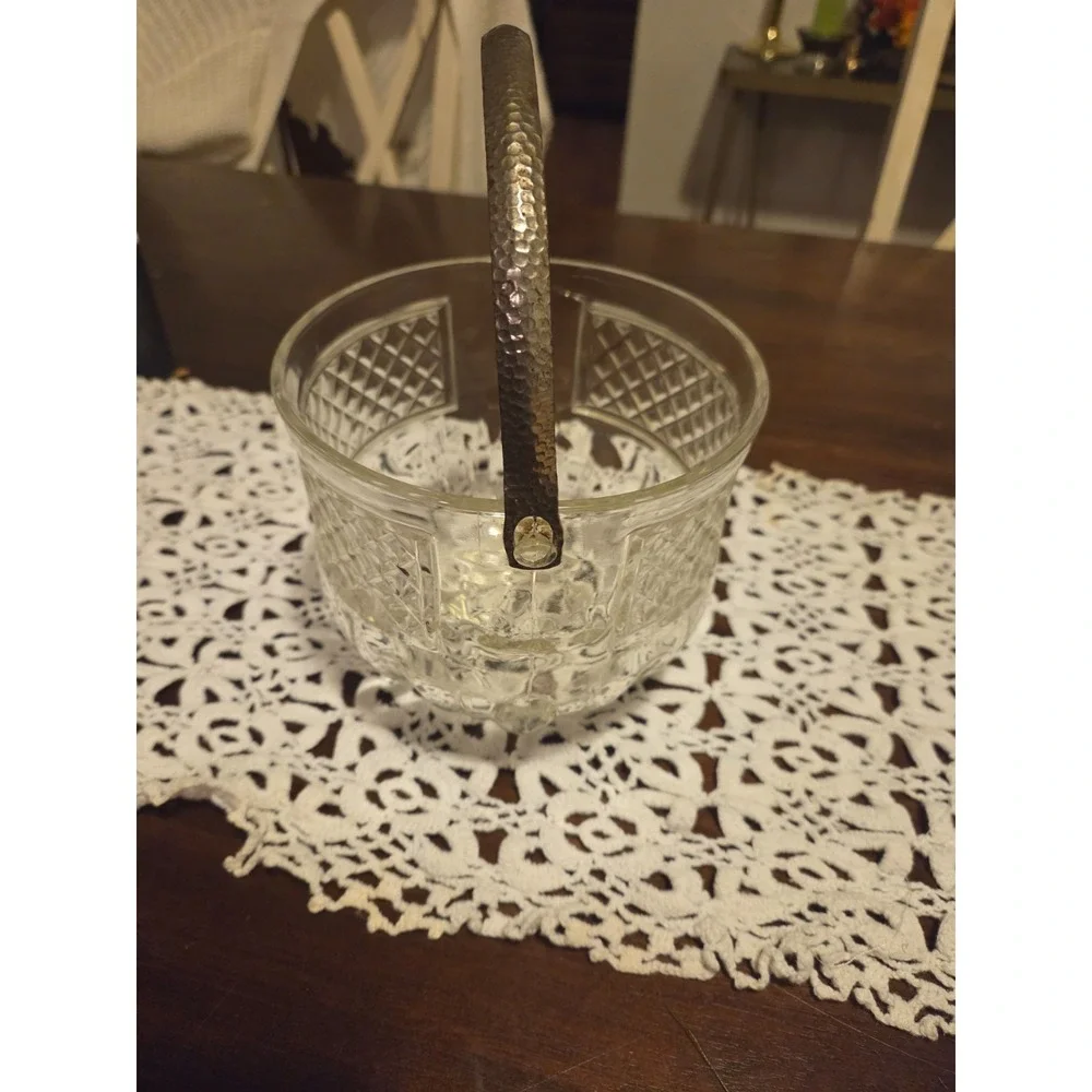 vintage glass ice bucket with hammered handle, Hollywood Regency
